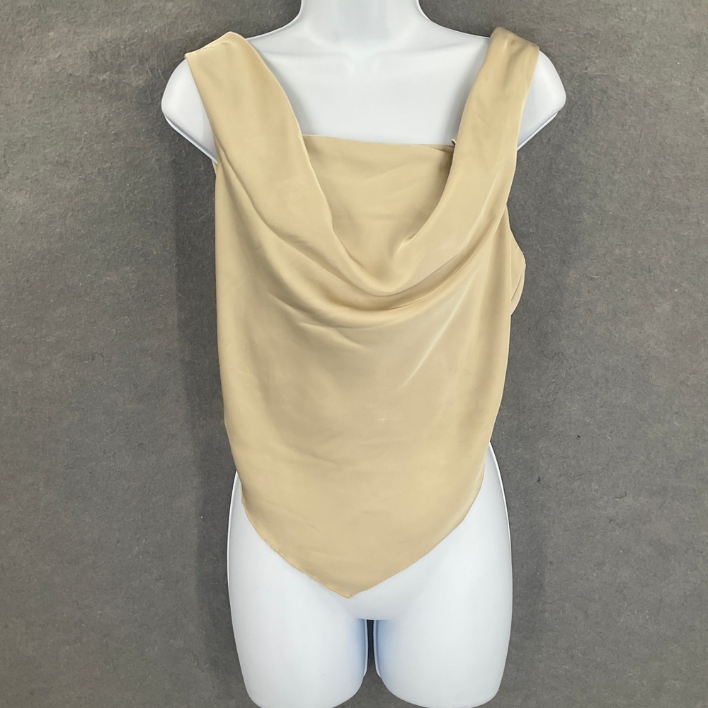 RACHEL ZOE Top Womens Sz S Satin Beige‎ Cowl Neck Smocked Back Festival Party